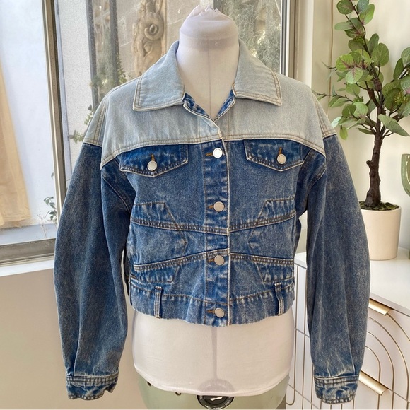 BLANK NYC Two-Tone Cropped Denim Trucker Jacket, Size S - Picture 1 of 11